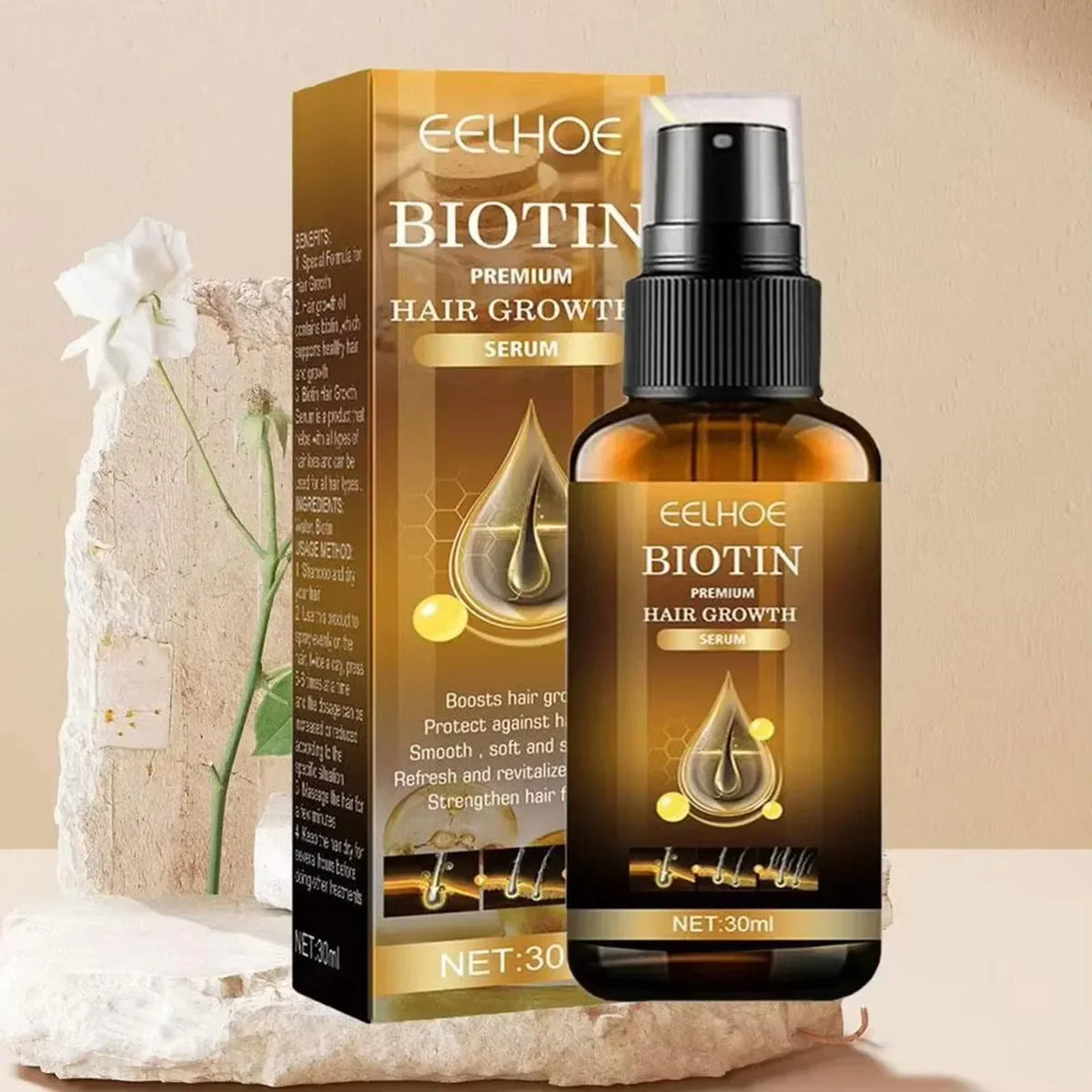 Eelhoe Biotin premium hair growth serum bottle and packaging on a beige background
