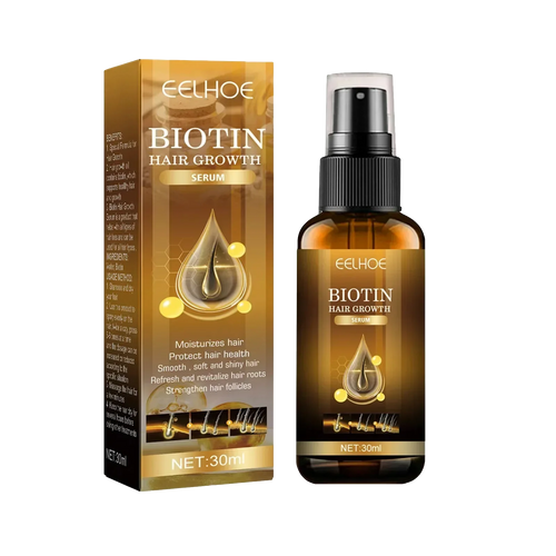 EELHOE Biotin Hair Growth Serum bottle and packaging box, featuring a dark amber brown bottle and box with gold and black graphics, set against a plain white background.
