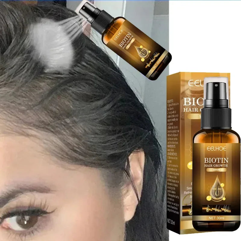 Biotin hair growth product with bottle, box, and close-up of hair on a woman's head.
