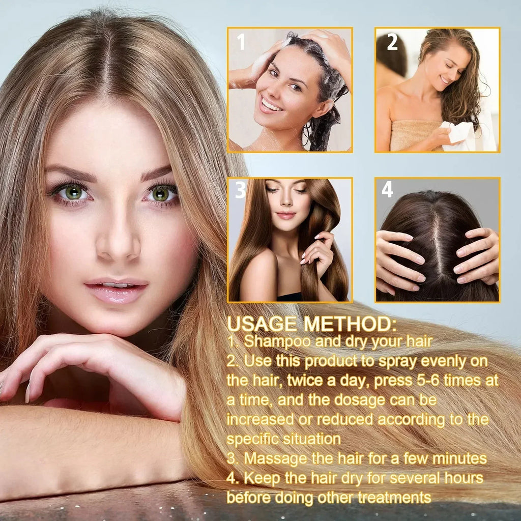 Woman with long blonde hair and usage method instructions for a hair care product.